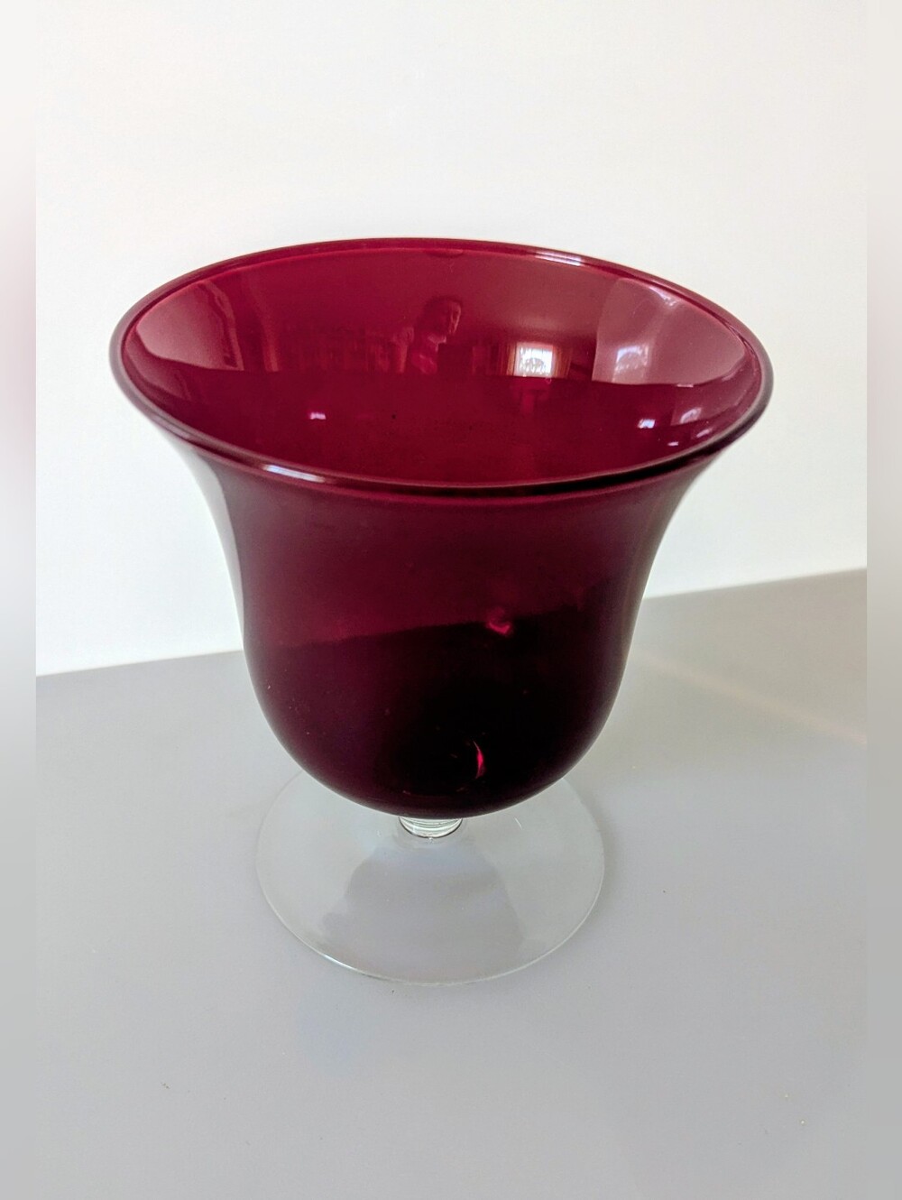 Vintage Hand Blown Pedestal Cherry Red Glass Vase 6” Tall, 5” Diameter